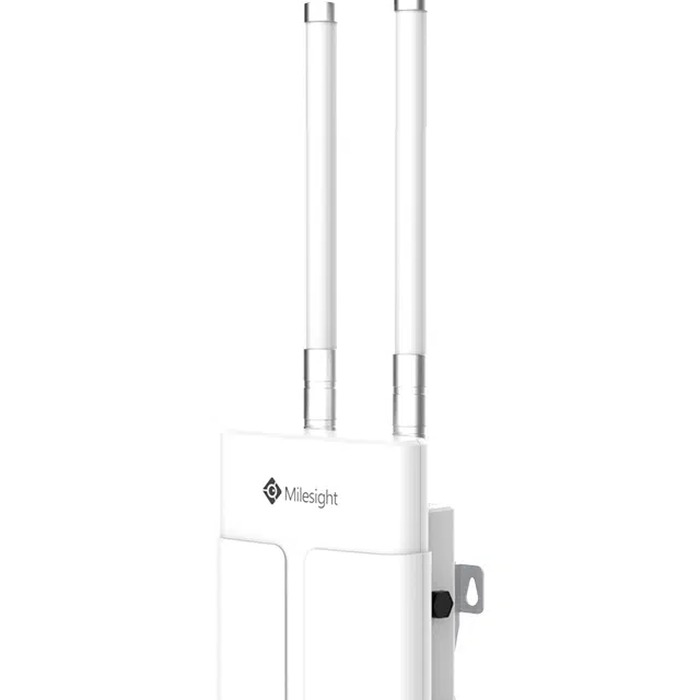 An outdoor gateway with two external antennas and a pole-mount
      bracket