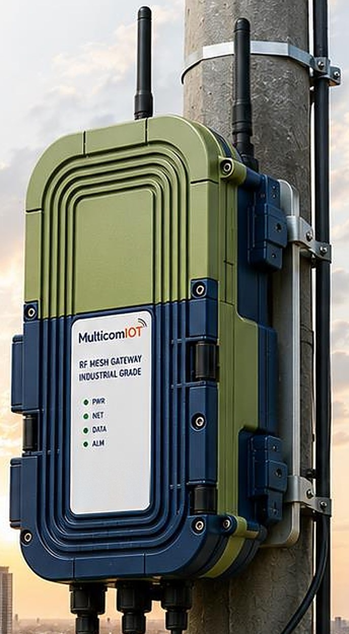 An RF mesh gateway in an
      industrial enclosure, pole-mounted with external antennas